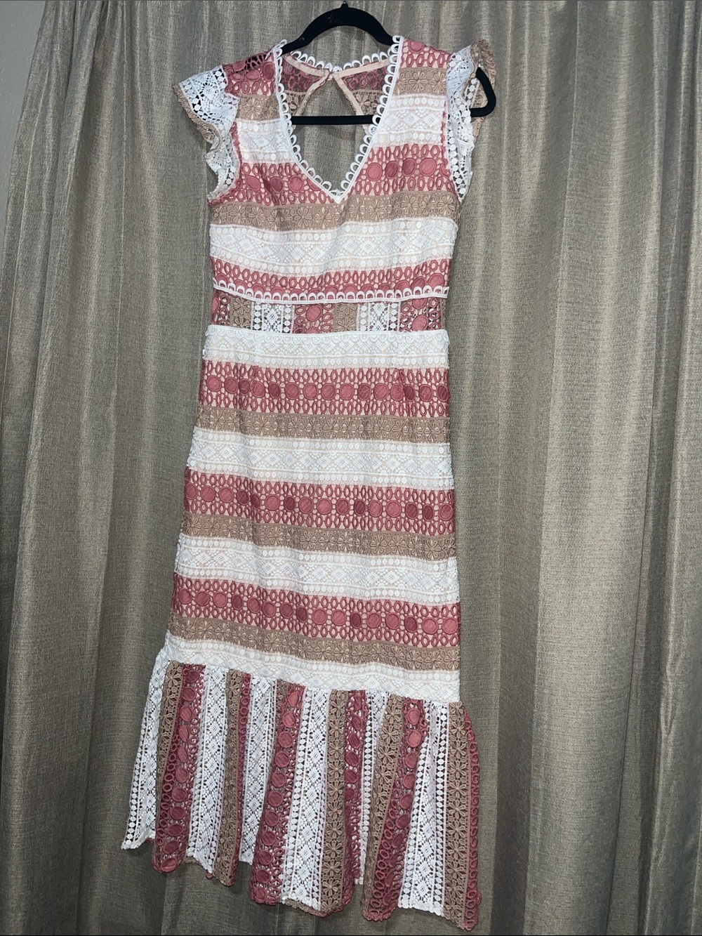 Just Me Pink, Cream & Tan Striped crochet Midi Dress